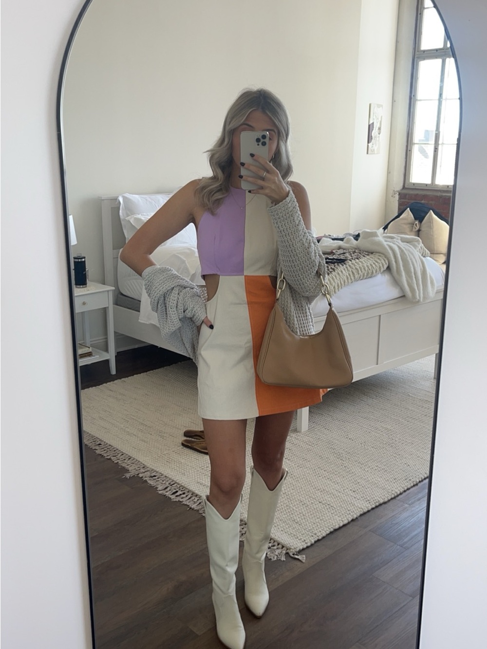 Colorblock Mini Skirt Dress in Lavender, Cream & Orange